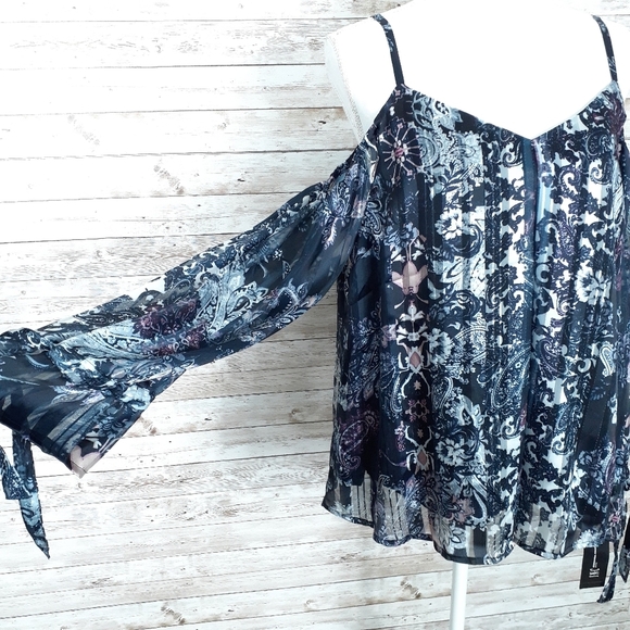 INC Cold Shoulder Top Blouse PL Paisley Navy 712 - Picture 3 of 7